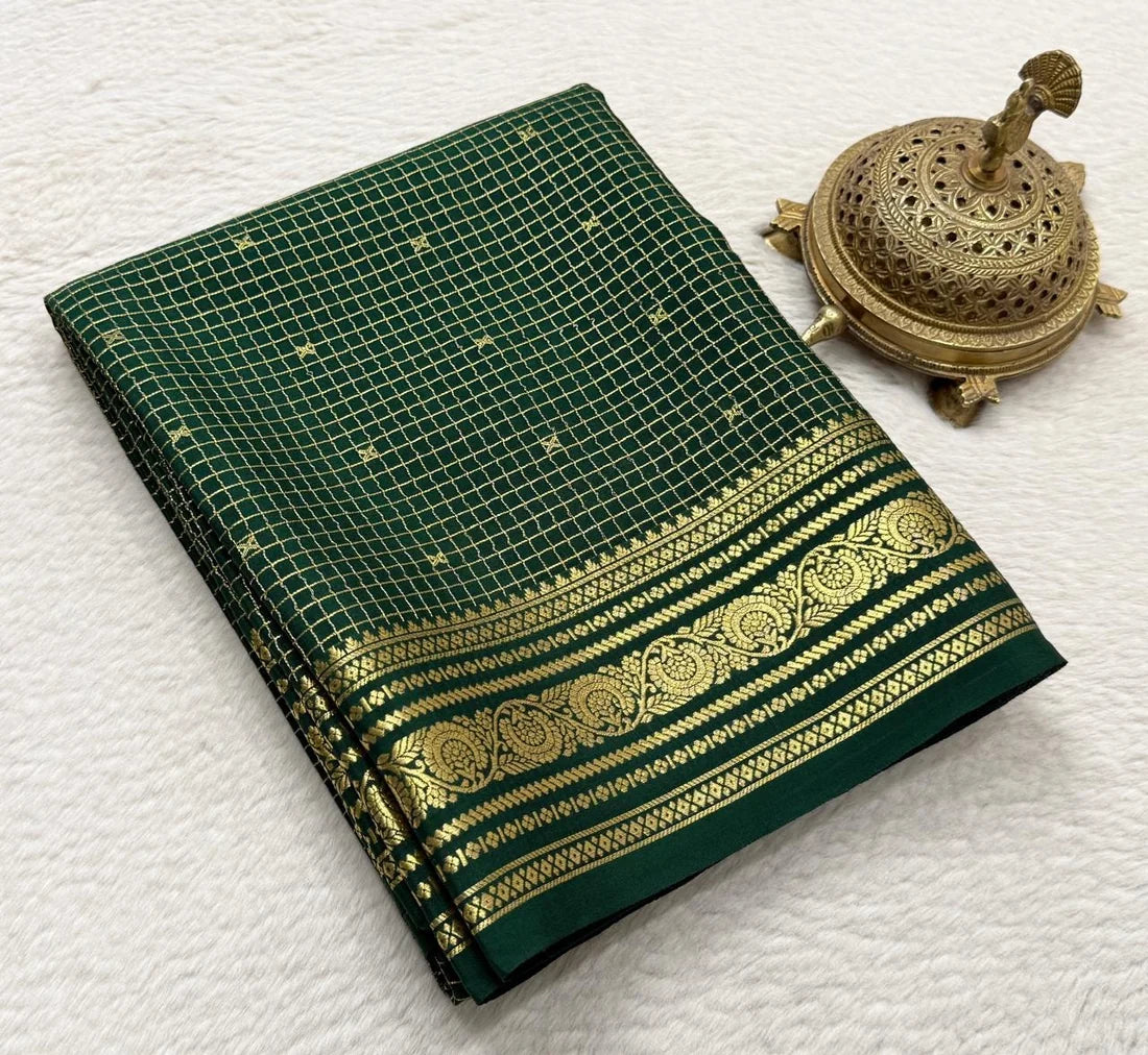 Buy Mysore Silk Saree in Royal Blue Micro Checks with Gold Zari Border and Star Buttas