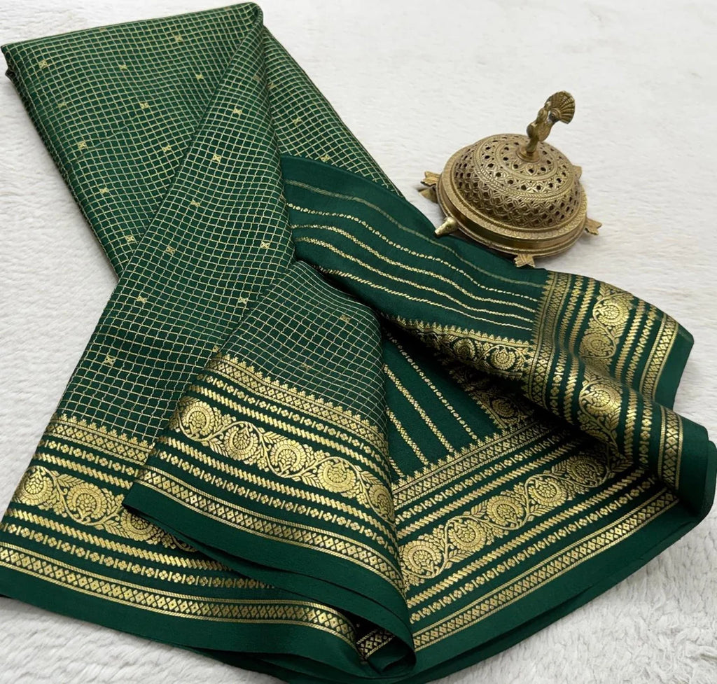 Buy Mysore Silk Saree in Royal Blue Micro Checks with Gold Zari Border and Star Buttas