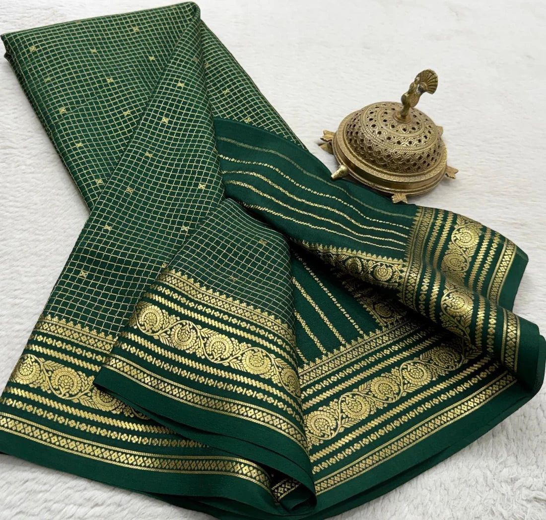 Buy Mysore Silk Saree in Royal Blue Micro Checks with Gold Zari Border and Star Buttas