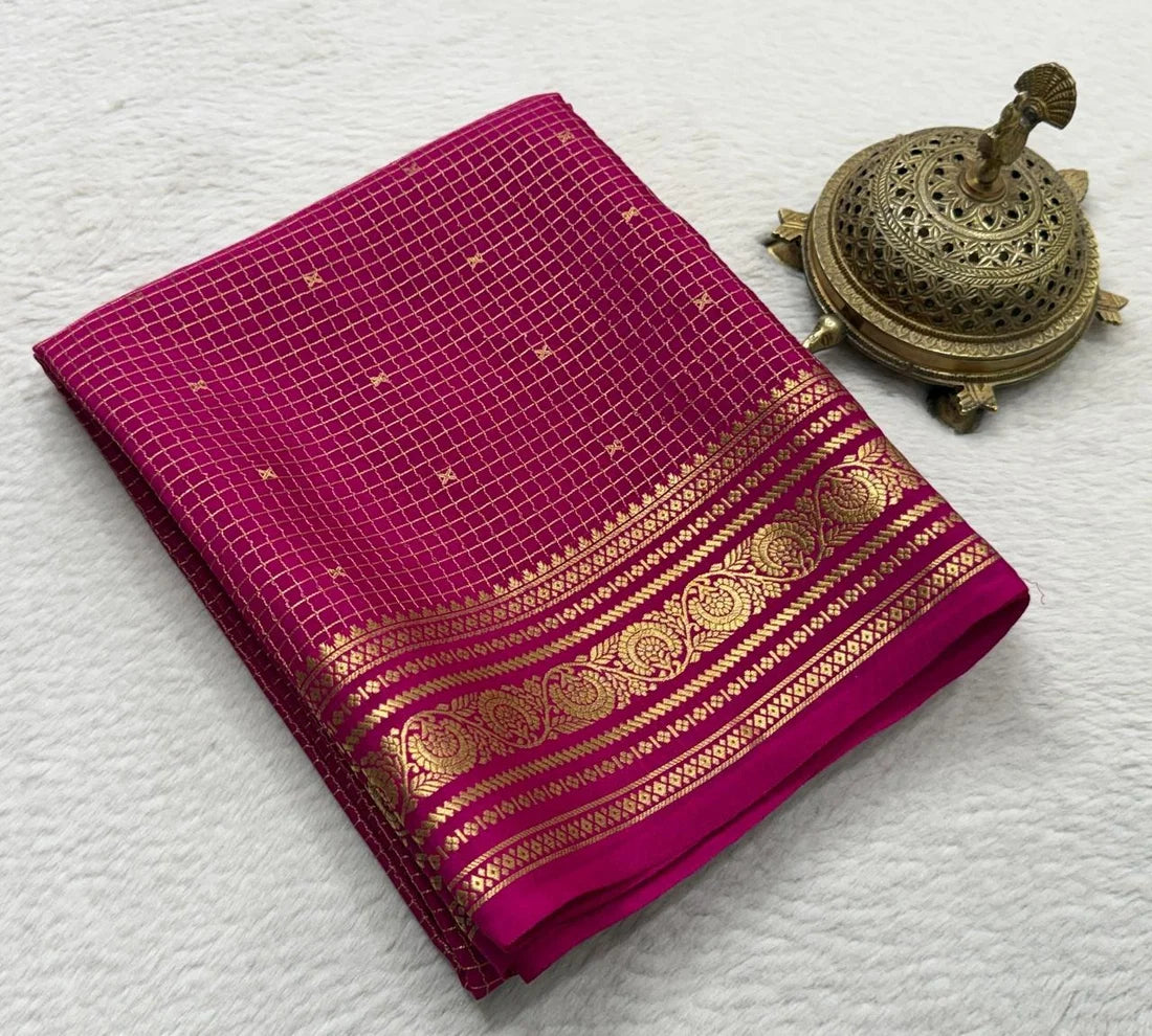 Buy Mysore Silk Saree in Royal Blue Micro Checks with Gold Zari Border and Star Buttas