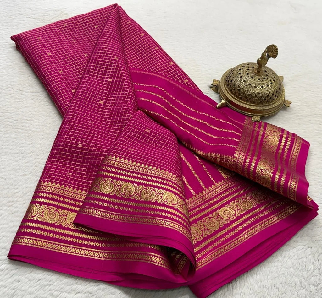 Buy Mysore Silk Saree in Royal Blue Micro Checks with Gold Zari Border and Star Buttas