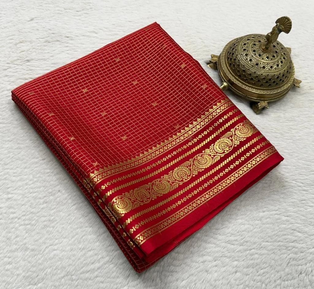 Buy Mysore Silk Saree in Royal Blue Micro Checks with Gold Zari Border and Star Buttas