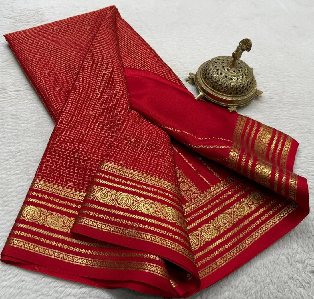 Buy Mysore Silk Saree in Royal Blue Micro Checks with Gold Zari Border and Star Buttas