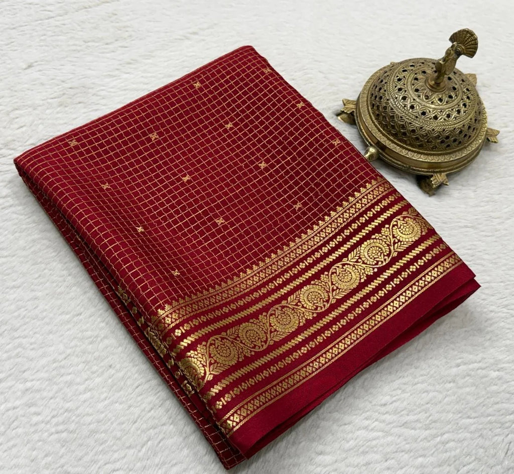Buy Mysore Silk Saree in Royal Blue Micro Checks with Gold Zari Border and Star Buttas