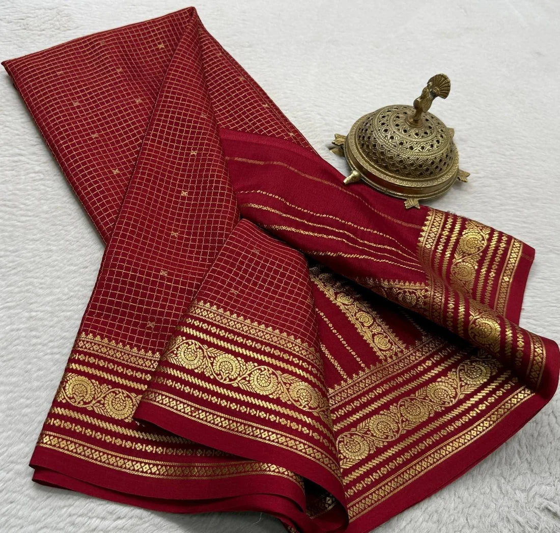 Buy Mysore Silk Saree in Royal Blue Micro Checks with Gold Zari Border and Star Buttas