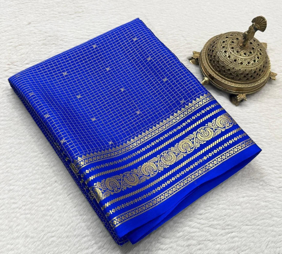 Buy Mysore Silk Saree in Royal Blue Micro Checks with Gold Zari Border and Star Buttas