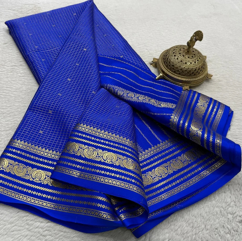 Buy Mysore Silk Saree in Royal Blue Micro Checks with Gold Zari Border and Star Buttas