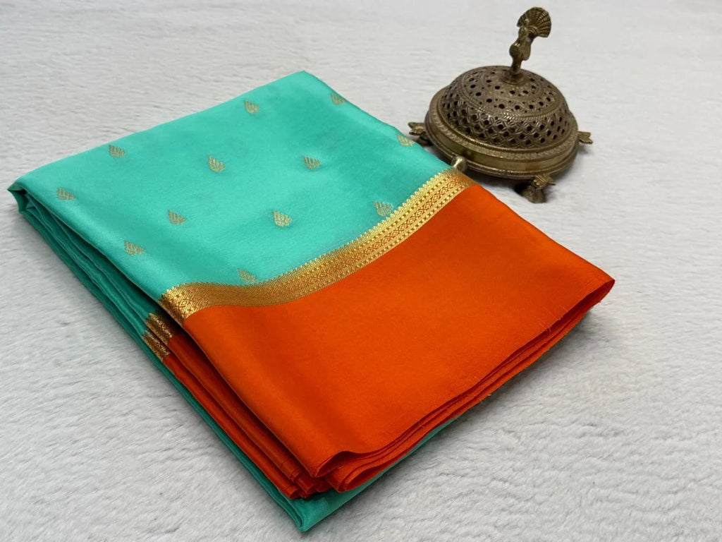 Aqua Blue & Orange Contrast Silk Saree with Gold Zari Butti Work
