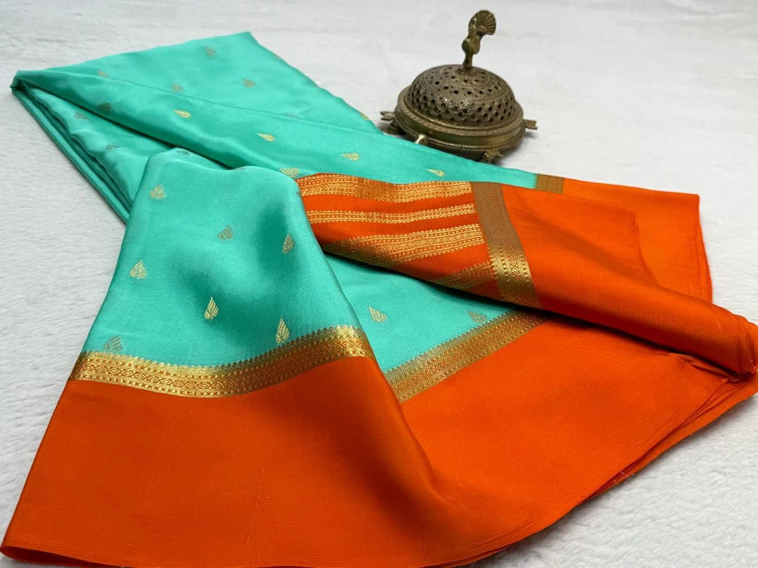 Aqua Blue & Orange Contrast Silk Saree with Gold Zari Butti Work