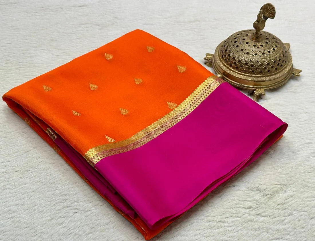 Orange & Rani Pink pure Mysore crepe silk sarees for wedding