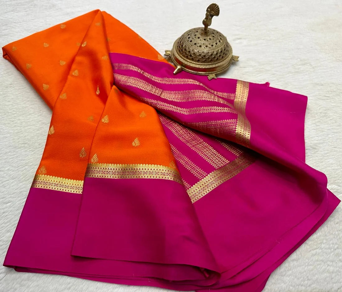 Orange & Rani Pink pure Mysore crepe silk sarees for wedding