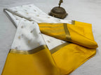 Ivory White & Mustard Yellow Mysore silk sarees with Gold Zari Butti Work