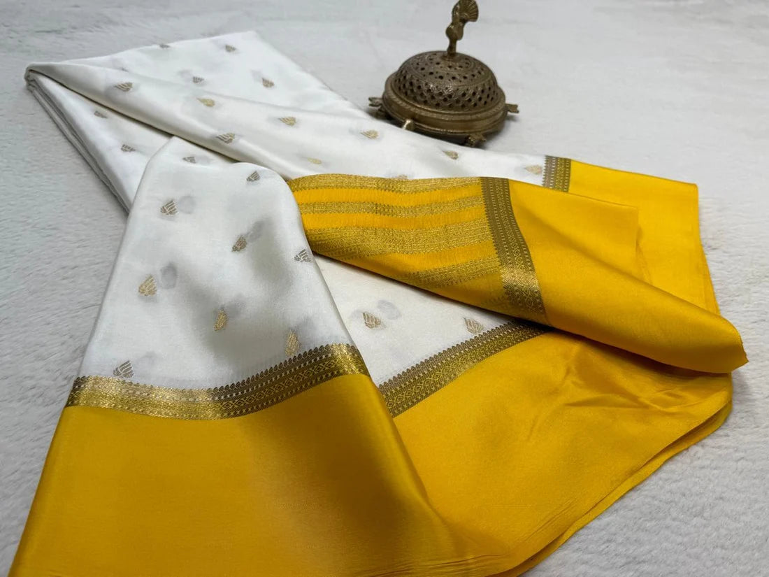 Ivory White & Mustard Yellow Mysore silk sarees with Gold Zari Butti Work
