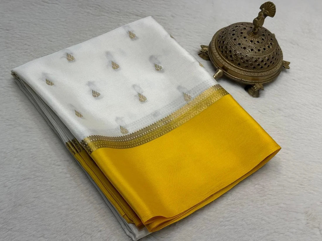 Ivory White & Mustard Yellow Mysore silk sarees with Gold Zari Butti Work