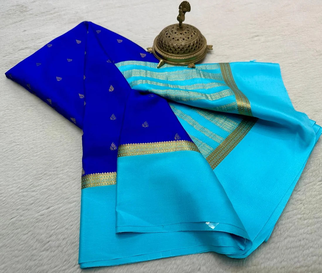 Royal blue crepe silk saree with Aqua Blue Contrast Border