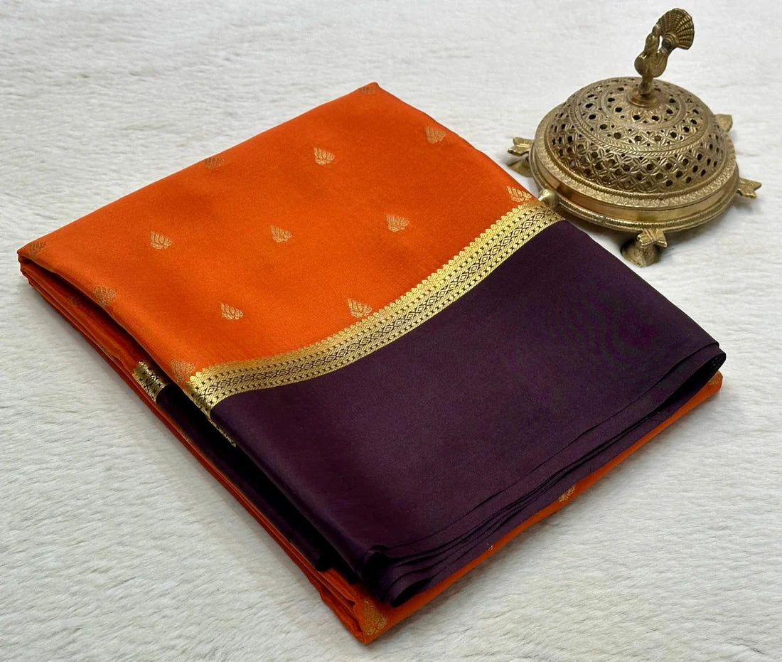 Burnt Orange & Deep Plum Mysore silk saree for party wear