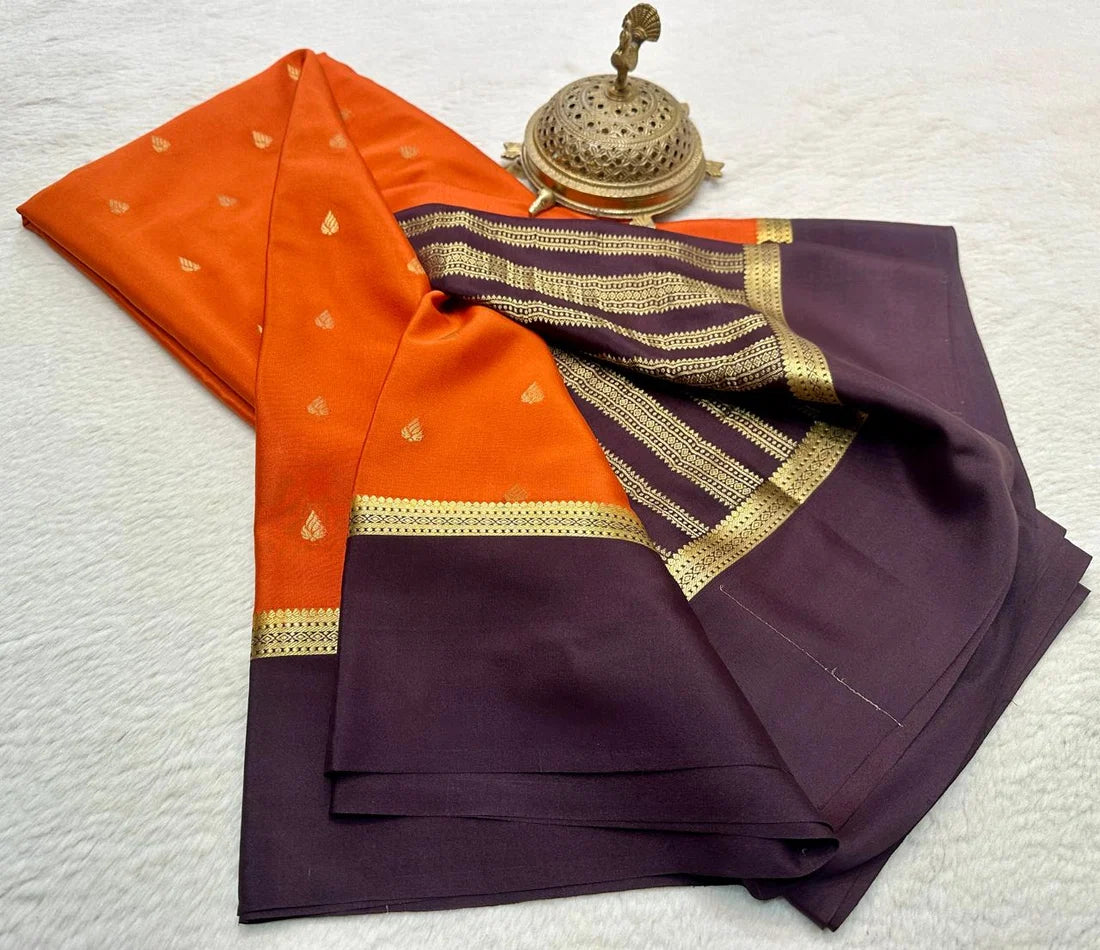 Burnt Orange & Deep Plum Mysore silk saree for party wear