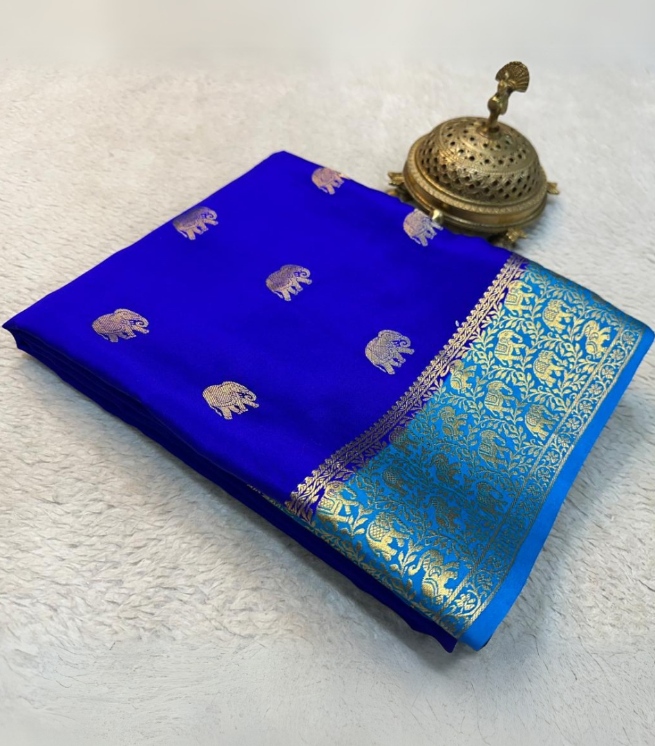 Blue Pure Mysore Silk Sarees with elephant zari border