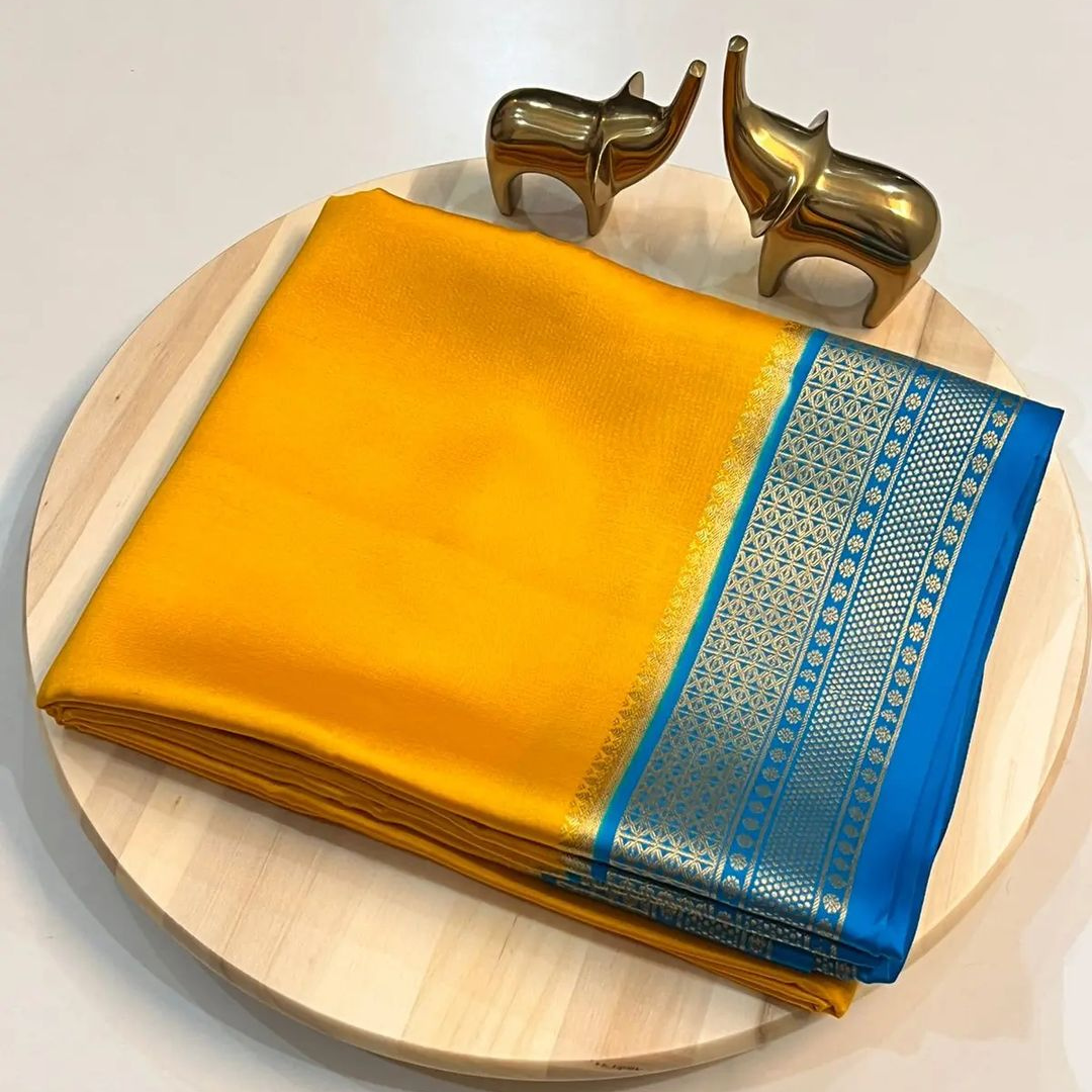 Light Yellow & Sky Border  Mysore Soft Silk Saree