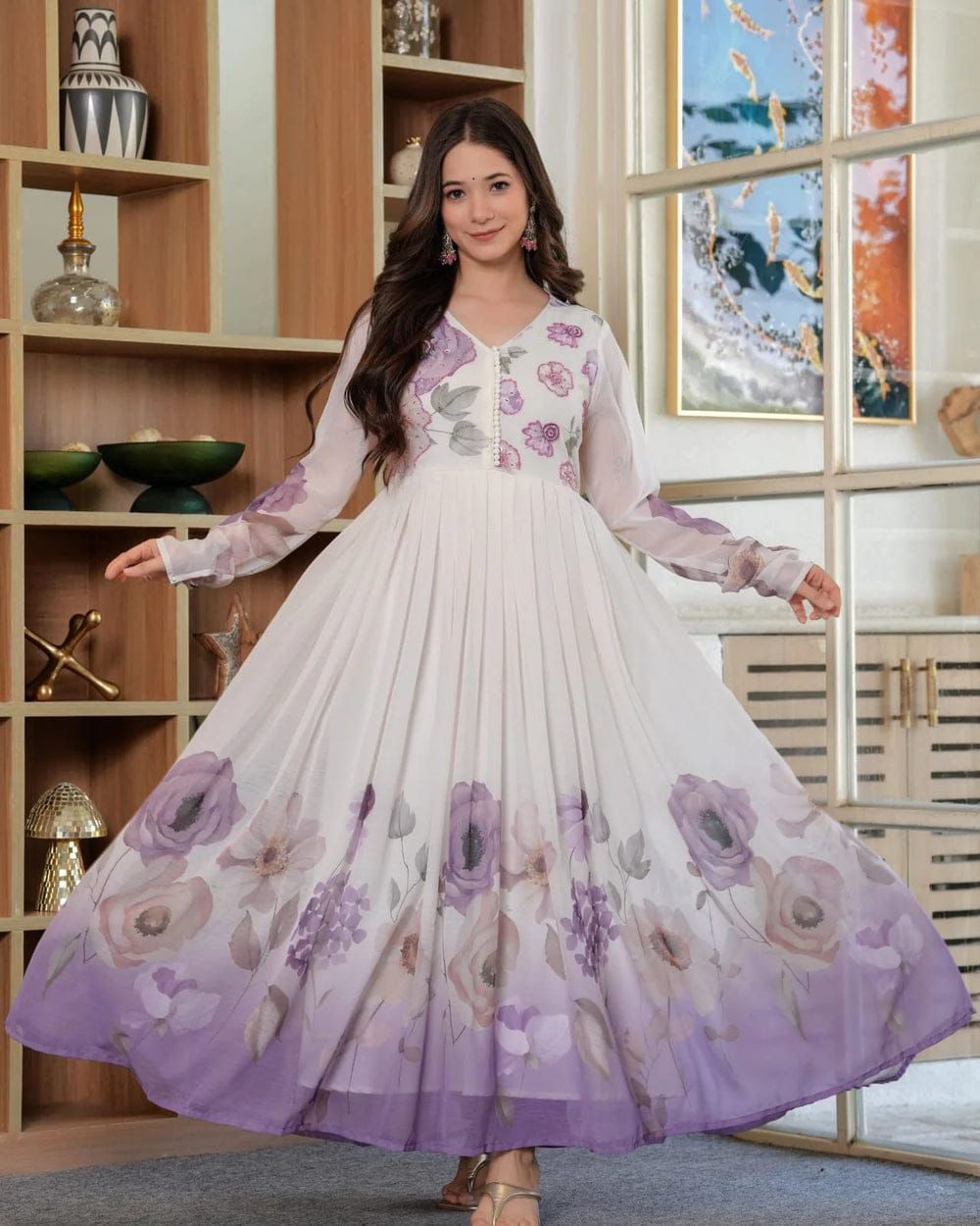 Pure Cotton Floral Print Anarkali Suit Set in lavender floral design