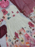 Rose pink floral Pure Cotton Floral Print Anarkali Suit Set flat lay