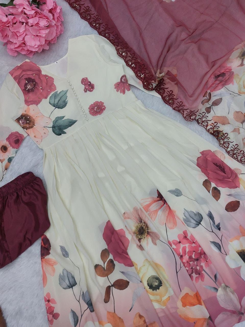 Rose pink floral Pure Cotton Floral Print Anarkali Suit Set flat lay