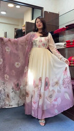 Pure Cotton Floral Print Anarkali Suit Set in rose pink floral design