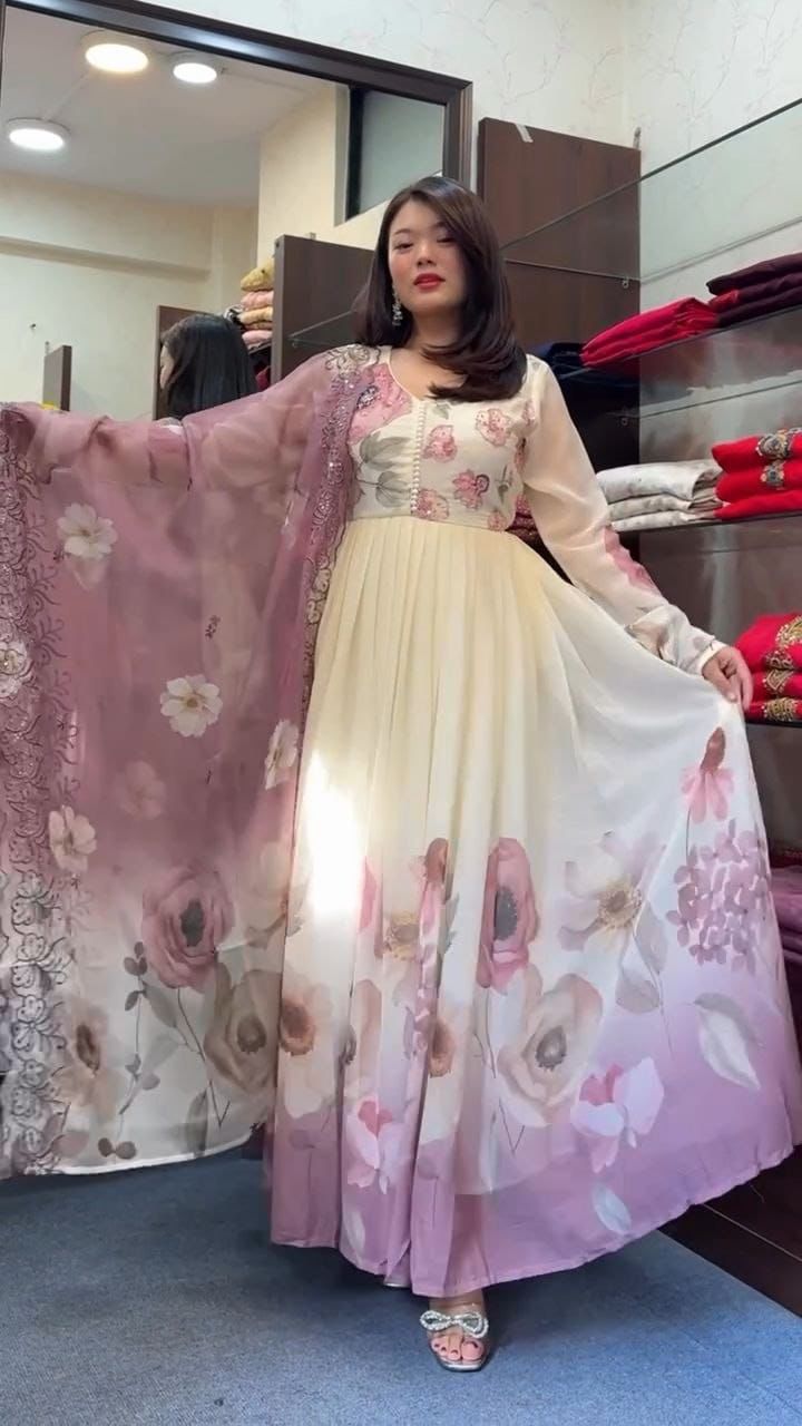 Pure Cotton Floral Print Anarkali Suit Set in rose pink floral design