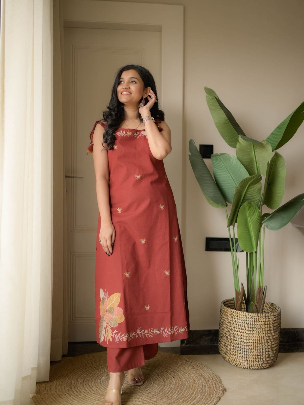 Soft Chiffon Anarkali Kurti Set Hand Work maroon front view