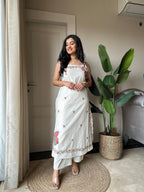 Cotton Flex Embroidered Kurta Pant Set off white front view
