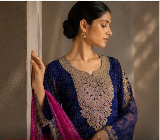 Heavy embroidery neckline detail on royal blue chinon kurti set
