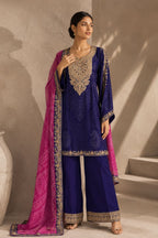 Heavy Chinon Kurti Set Embroidery Work royal blue full front view