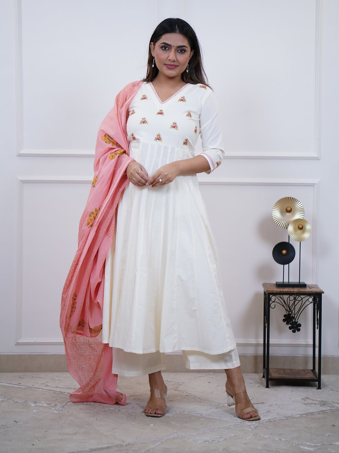Cotton Anarkali Pant Dupatta Set Embroidery off white front view