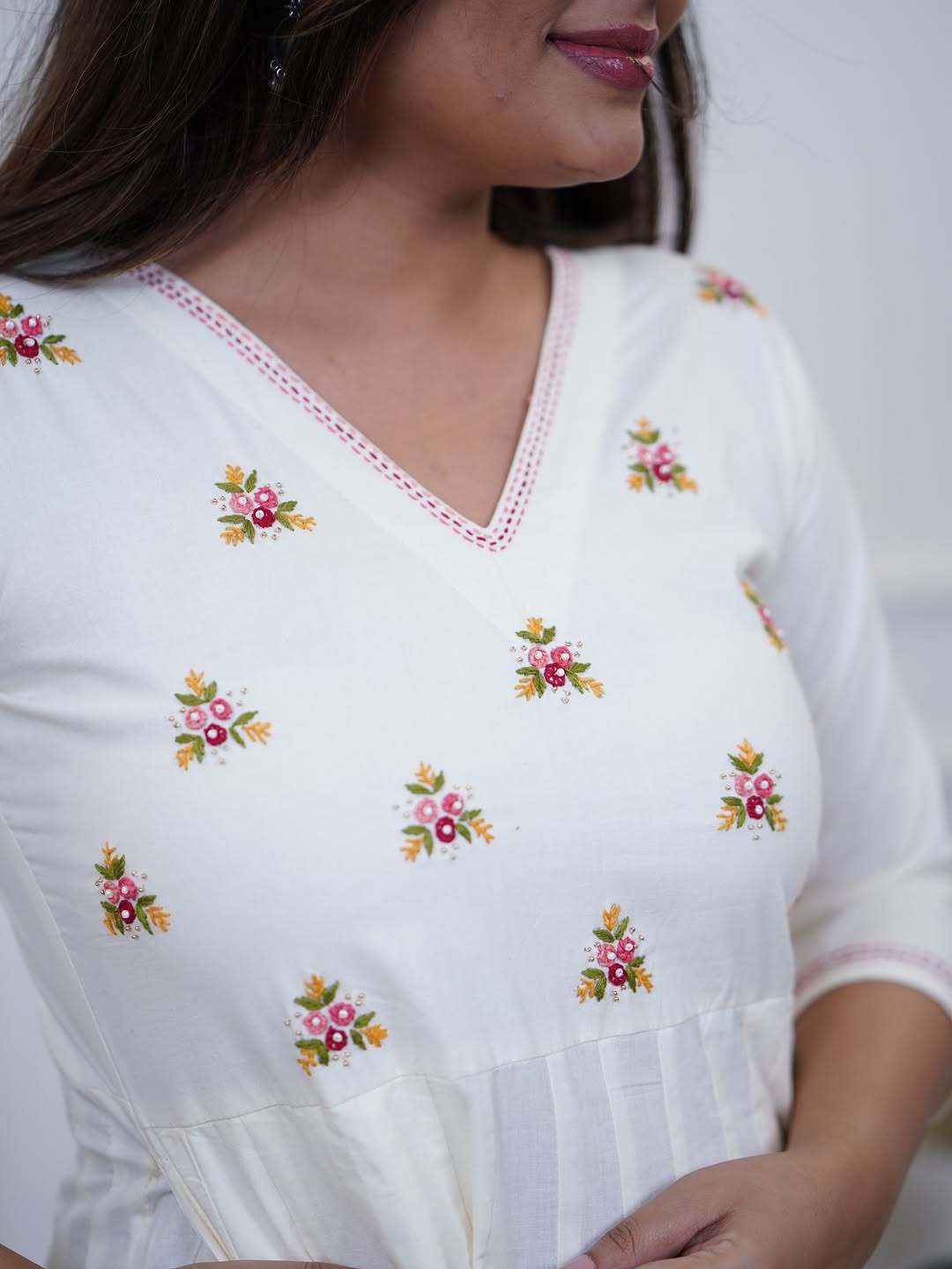 Floral embroidery detail on Cotton Anarkali Pant Dupatta Set