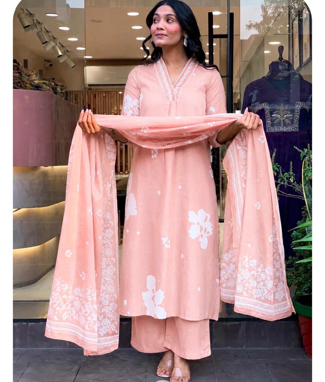 Cotton Suit Set With discharge print and side cut straight kurti Fabloom