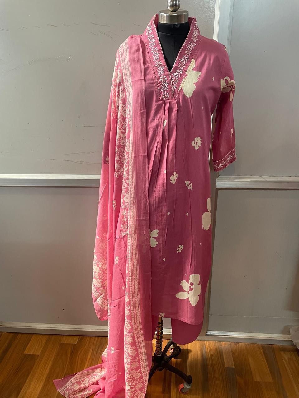 Cotton Suit Set With discharge print and side cut straight kurti Fabloom