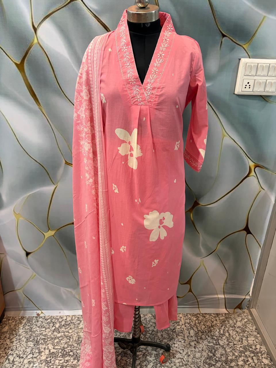 Cotton Suit Set With discharge print and side cut straight kurti Fabloom