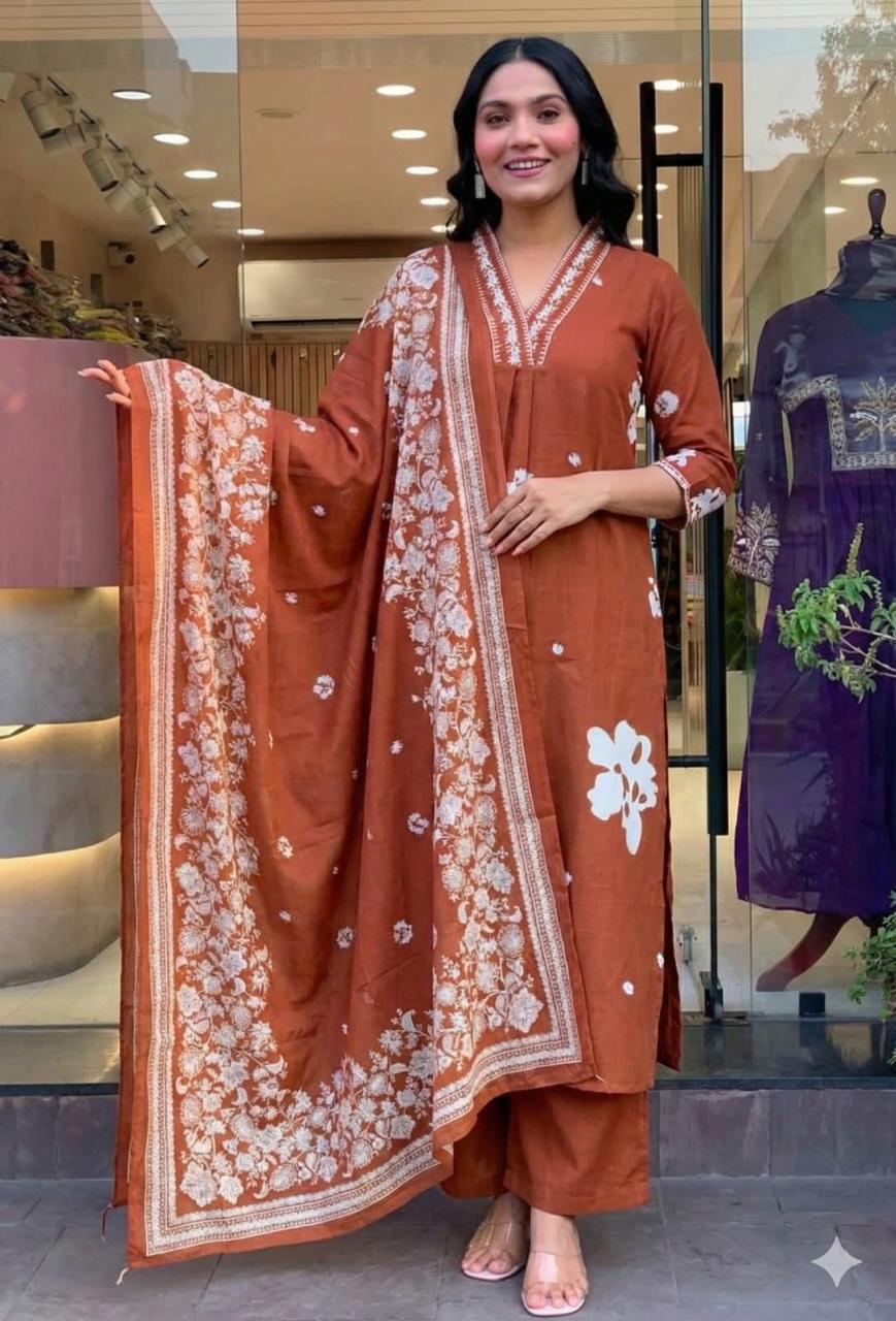 Cotton Suit Set With discharge print and side cut straight kurti Fabloom