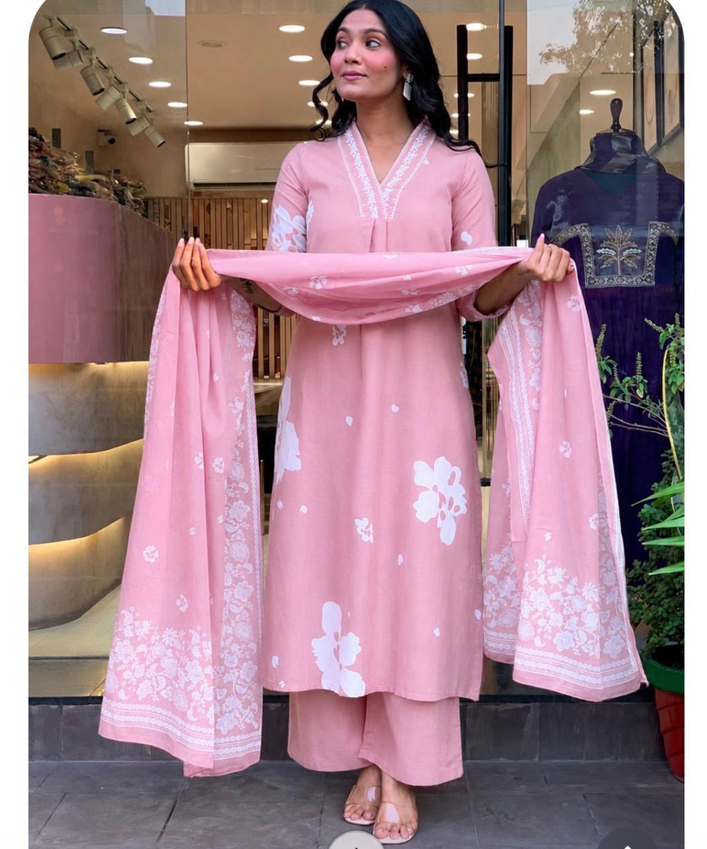 Cotton Suit Set With discharge print and side cut straight kurti Fabloom