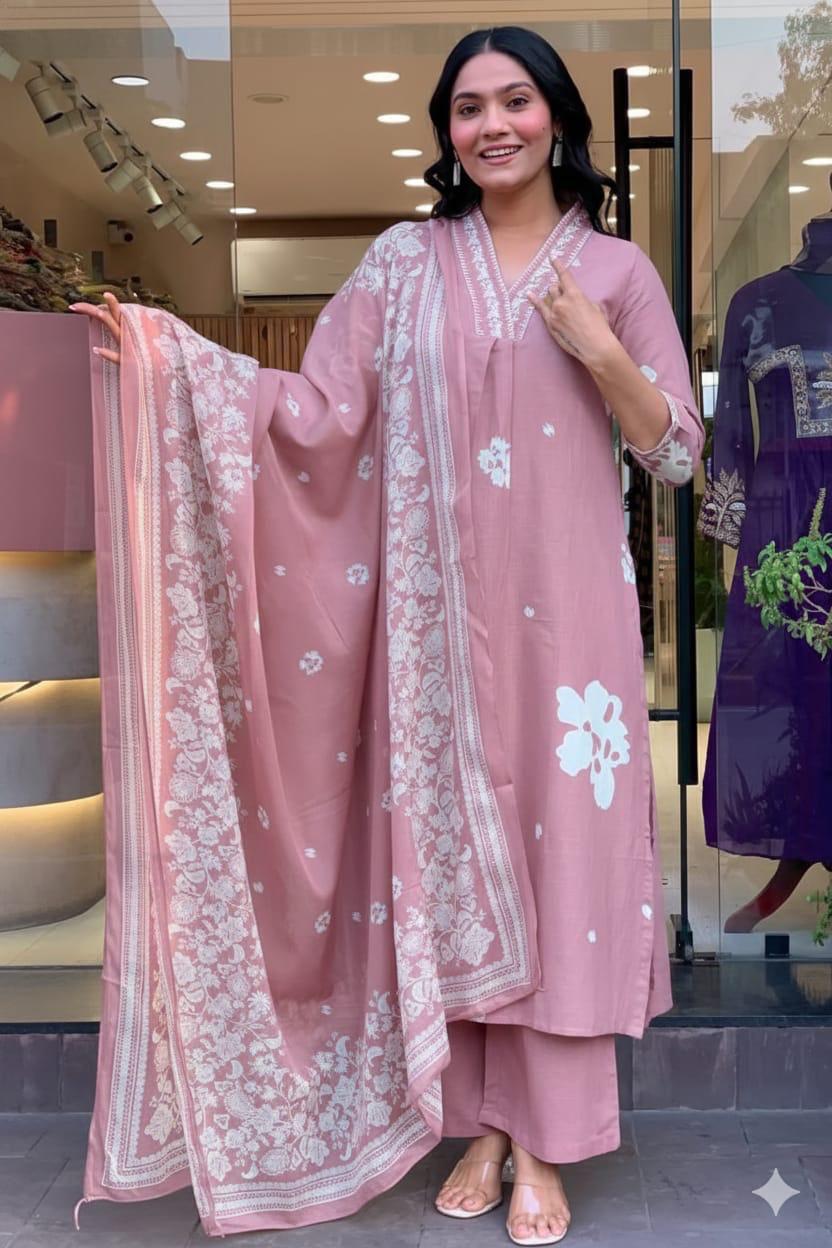 Cotton Suit Set With discharge print and side cut straight kurti Fabloom