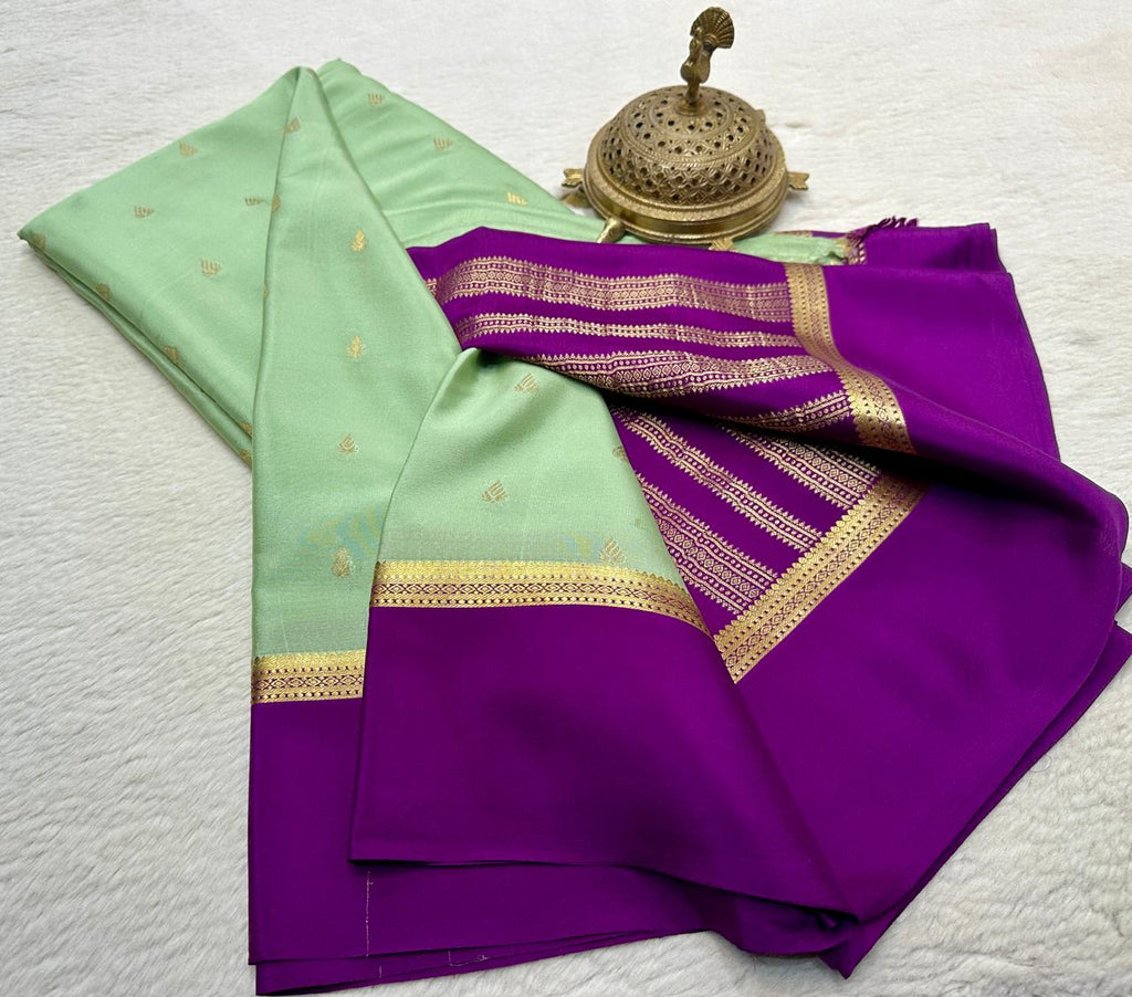 Mint Green & Royal Purple Mysore silk green sareewith Gold Zari Butti Work
