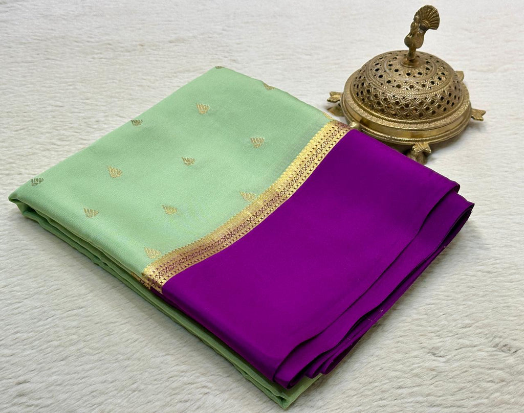 Mint Green & Royal Purple Mysore silk green sareewith Gold Zari Butti Work