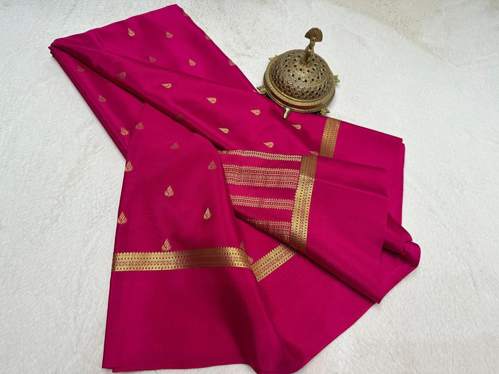 Elegant Rani Pink Pure Mysore Soft Silk Saree with Gold Zari Butti Work