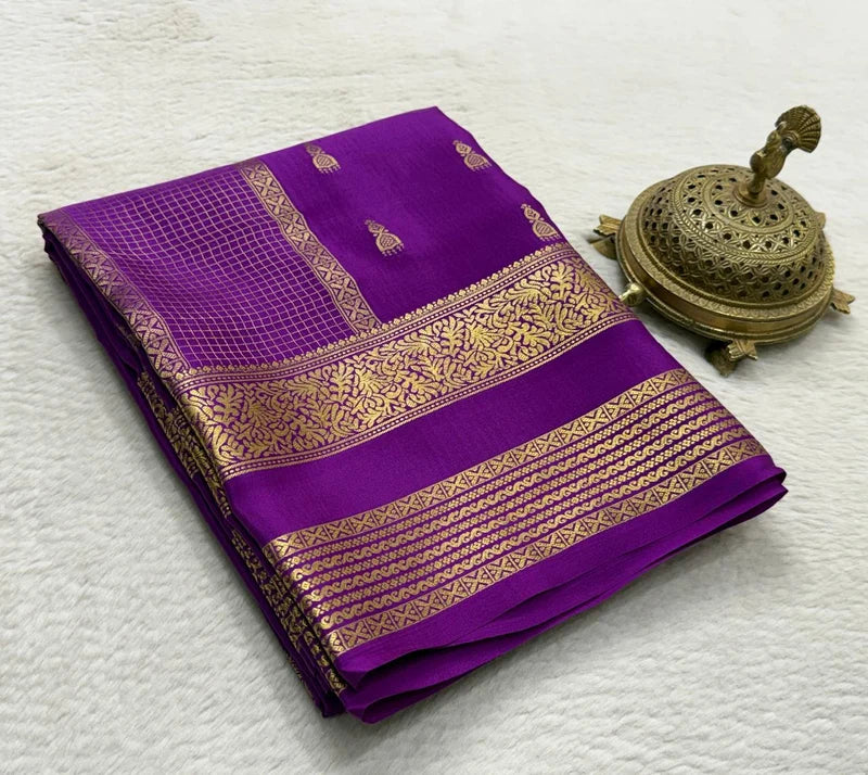 Royal Violet Pure Mysore Silk Saree with Fine Micro-Checks & Gold Zari Border