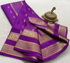 Royal Violet Pure Mysore Silk Saree with Fine Micro-Checks & Gold Zari Border