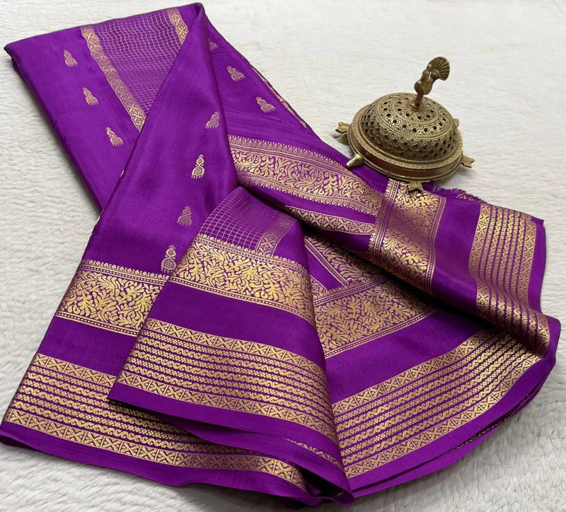 Royal Violet Pure Mysore Silk Saree with Fine Micro-Checks & Gold Zari Border