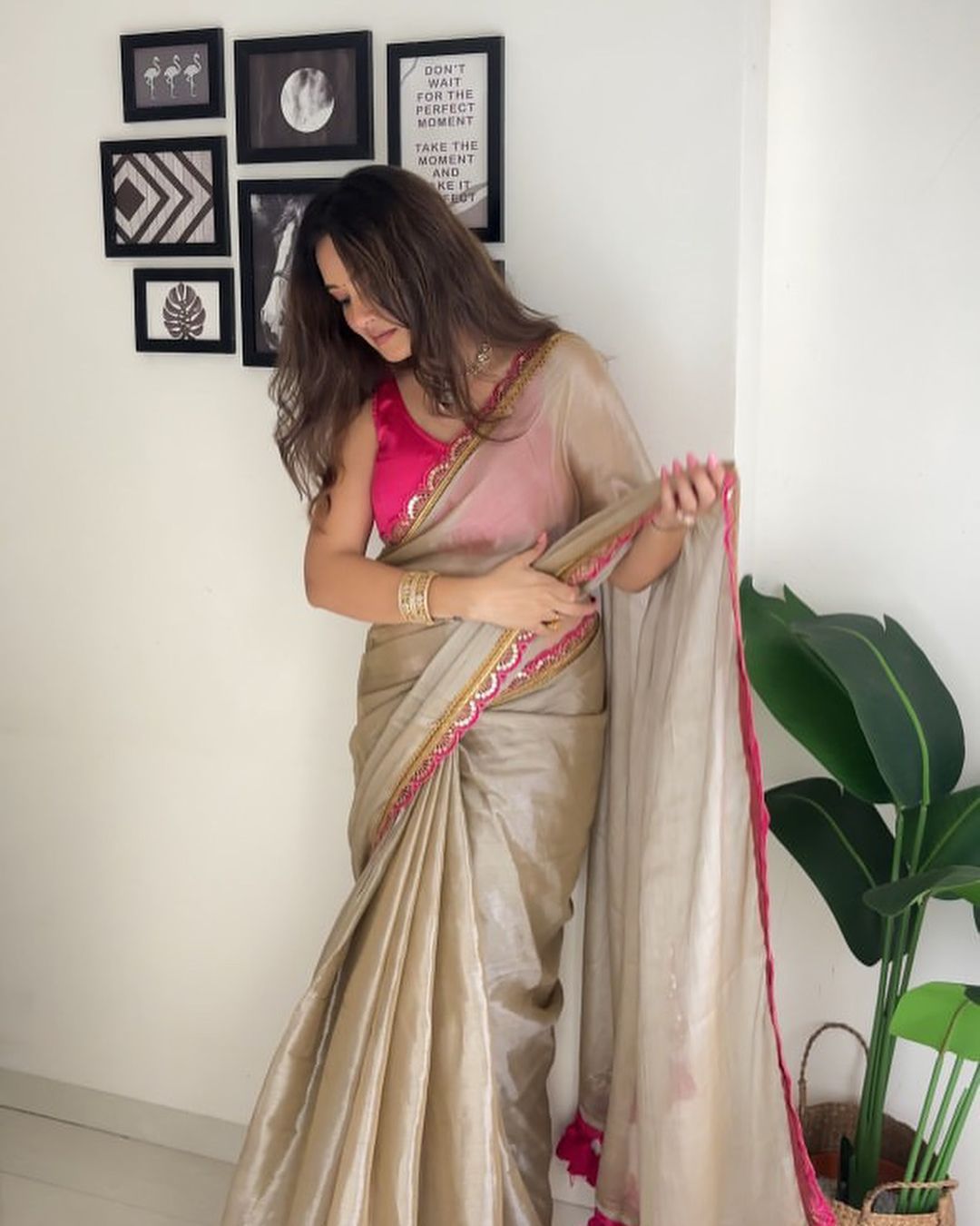 Gold and Pink Pure Crushed Tissue Silk Saree