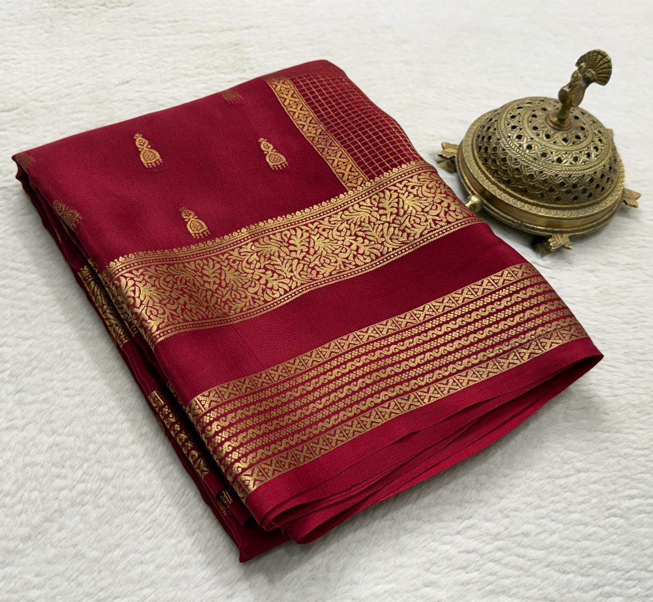 Royal Violet Pure Mysore Silk Saree with Fine Micro-Checks & Gold Zari Border