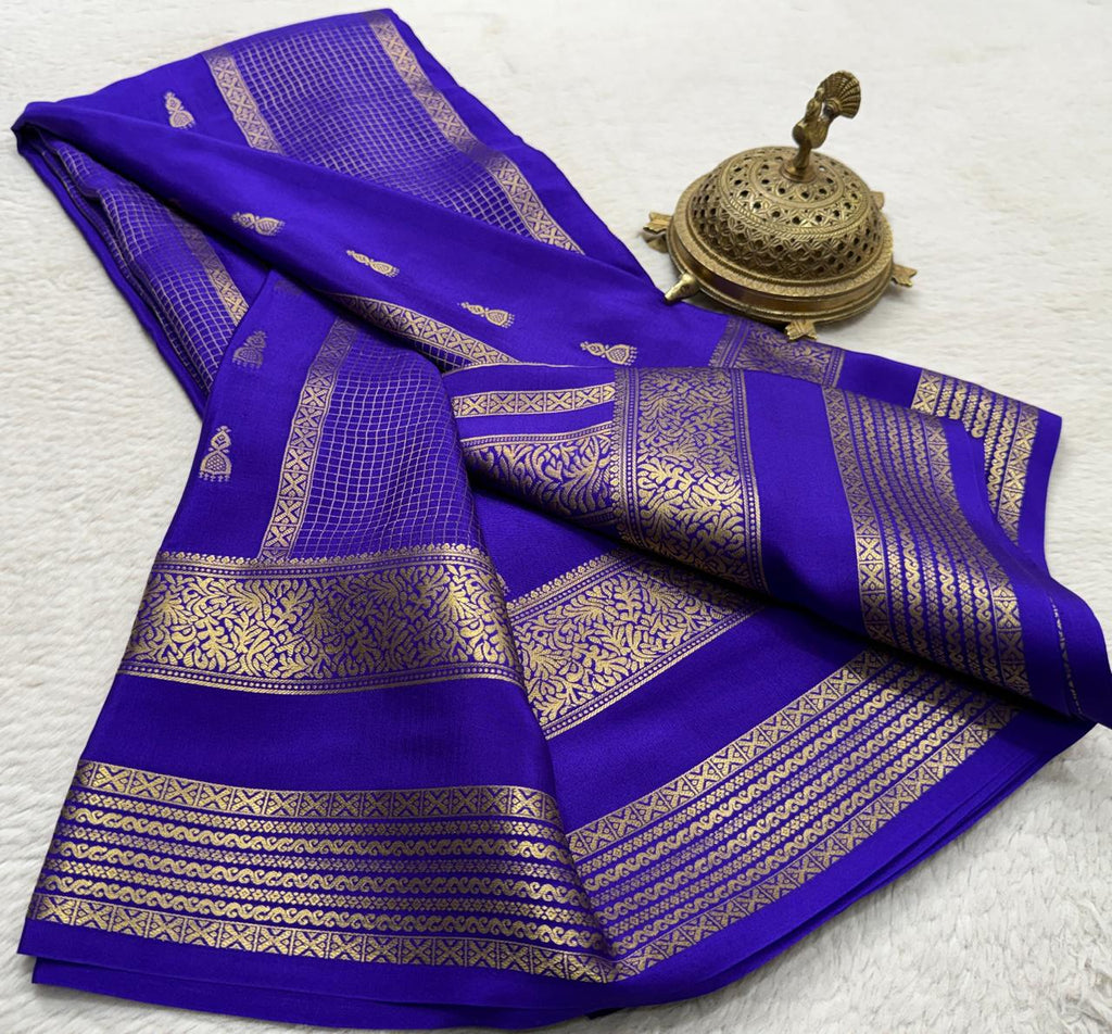Pure Mysore Crepe Silk Saree in Cobalt Blue with Heritage Zari Weaving