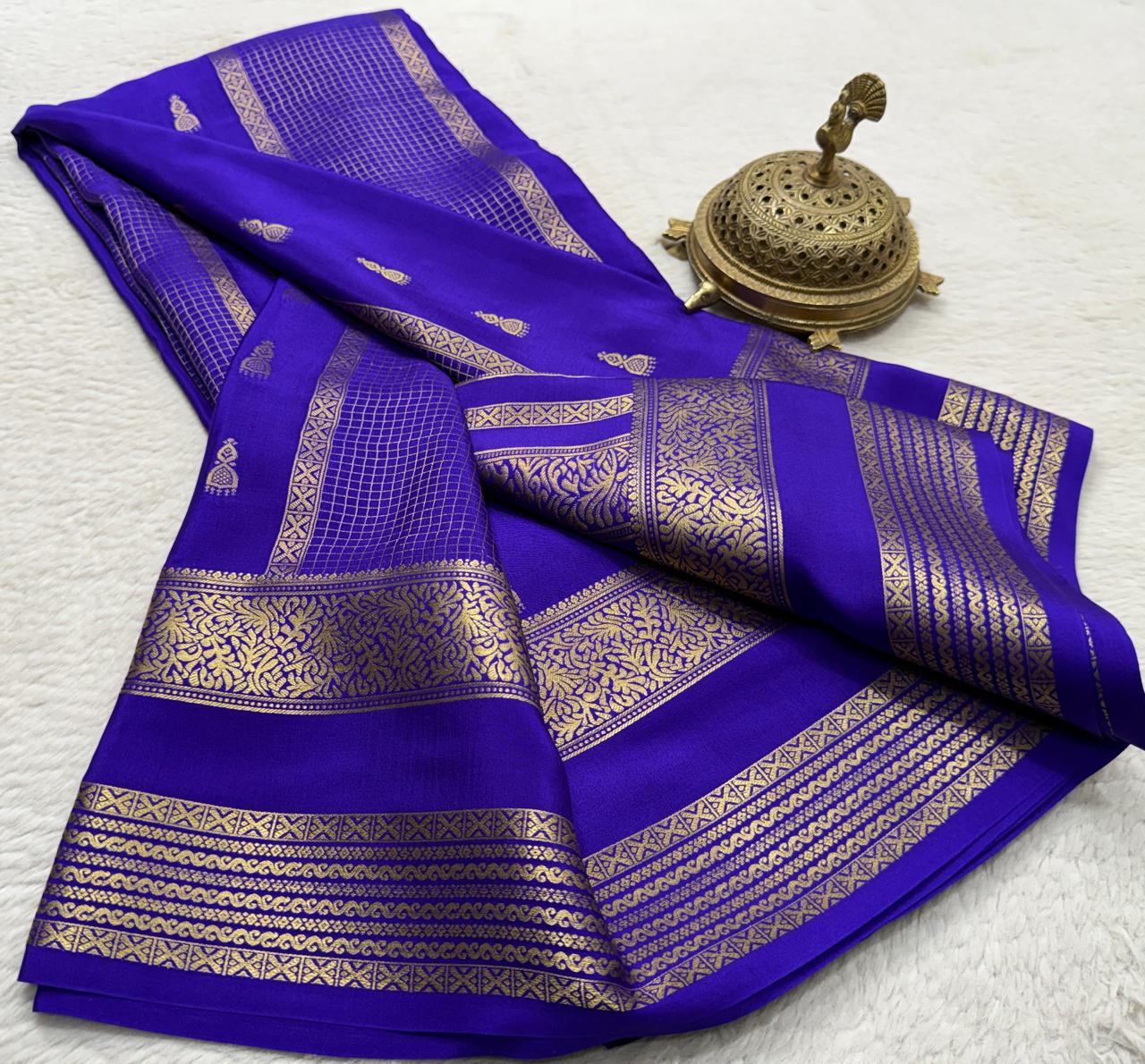 Pure Mysore Crepe Silk Saree in Cobalt Blue with Heritage Zari Weaving